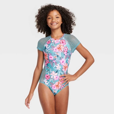 Girls' Sweet Floral Surf One Piece Swimsuit - Art Class™ Blue 3 Girls' Sweet Floral Surf One Piece Swimsuit - Art Class™ Blue - Image 3