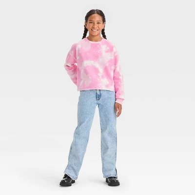Girls' Tie-Dye Fleece Cropped Crewneck Sweatshirt - Art Class™ Pink 2 Girls' Tie-Dye Fleece Cropped Crewneck Sweatshirt - Art Class™ Pink - Image 2