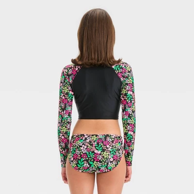 Girls' Floral Printed Rash Guard Set - Art Class™ Black 3 Girls' Floral Printed Rash Guard Set - Art Class™ Black - Image 3