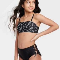Girls' 2pc Vintage Daisy Surf High-Waist Bikini Set - Art Class™ Black