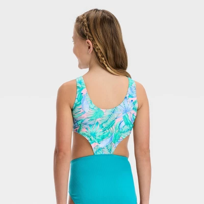 Girls' Floral Printed Tropical Twist Swimsuit - Art Class™ Light Blue 2 Girls' Floral Printed Tropical Twist Swimsuit - Art Class™ Light Blue - Image 2
