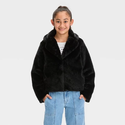 Girls' Faux Fur Jacket - Art Class™ Black 3 Girls' Faux Fur Jacket - Art Class™ Black - Image 3