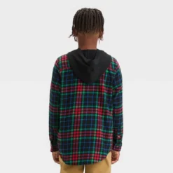 Boys' Flannel Plaid Hooded Long Sleeve Button-Down Shirt - Art Class™