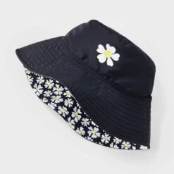 Girls' Reversible Daisy Printed Bucket Hat - Art Class™ Black: UPF 50+, Lightweight, Floral Pattern