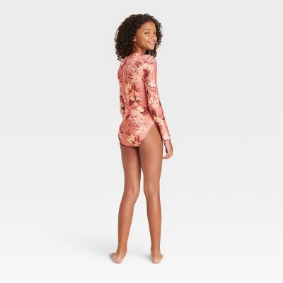 Girls' Island Floral One Piece Rash Guard - Art Class™ Brown 1 Girls' Island Floral One Piece Rash Guard - Art Class™ Brown