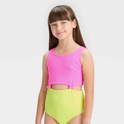 Girls' Solid One Piece Swimsuit - Art Class™ Pink 3 Girls' Solid One Piece Swimsuit - Art Class™ Pink - Image 3