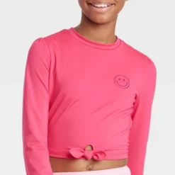 Girls' Smiley Face Long Sleeve Rash Guard Swim Top - Art Class™ Pink