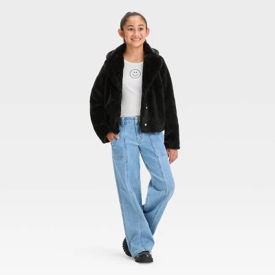 Girls' Faux Fur Jacket - Art Class™ Black 2 Girls' Faux Fur Jacket - Art Class™ Black - Image 2