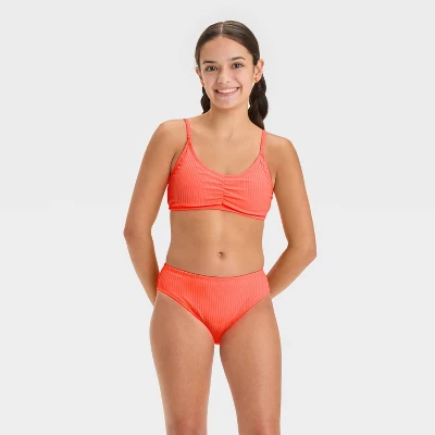 Girls' Solid Bikini Swim Top - Art Class™ Coral Orange 2 Girls' Solid Bikini Swim Top - Art Class™ Coral Orange - Image 2