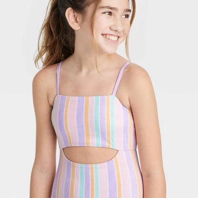 Girls' Pastel Printed Striped One Piece Swimsuit - Art Class™ 1 Girls' Pastel Printed Striped One Piece Swimsuit - Art Class™