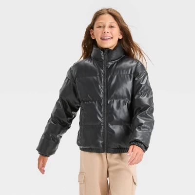 Girls' Solid Cropped Puffer Jacket - Art Class™ Black 3 Girls' Solid Cropped Puffer Jacket - Art Class™ Black - Image 3