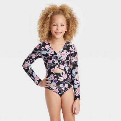 Girls' Floral Printed Tropical Daydream Swimsuit - Art Class™ Black 3 Girls' Floral Printed Tropical Daydream Swimsuit - Art Class™ Black - Image 3