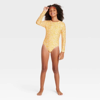 Girls' Ditsy Meadow Rash Guard One Piece Swimsuit - Art Class™ Yellow 2 Girls' Ditsy Meadow Rash Guard One Piece Swimsuit - Art Class™ Yellow - Image 2