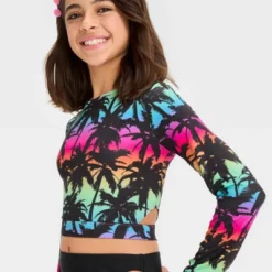 Girls' Tropical Ombre Design Rash Guard Swim Top - Art Class™ Black