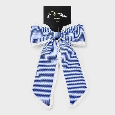 Girls' Striped With Ruffle Trim Bow Barrette - Art Class™ White/Blue 1 Girls' Striped With Ruffle Trim Bow Barrette - Art Class™ White/Blue