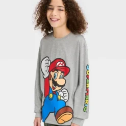 Boys' Long Sleeve Mario Graphic T-Shirt - Art Class™ Heather Gray