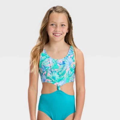 Girls' Floral Printed Tropical Twist Swimsuit - Art Class™ Light Blue 3 Girls' Floral Printed Tropical Twist Swimsuit - Art Class™ Light Blue - Image 3