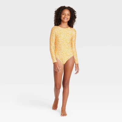 Girls' Ditsy Meadow Rash Guard One Piece Swimsuit - Art Class™ Yellow 3 Girls' Ditsy Meadow Rash Guard One Piece Swimsuit - Art Class™ Yellow - Image 3