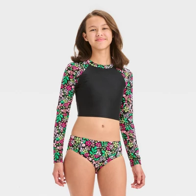 Girls' Floral Printed Rash Guard Set - Art Class™ Black 4 Girls' Floral Printed Rash Guard Set - Art Class™ Black - Image 4
