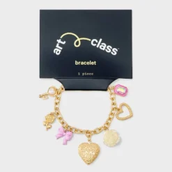 Girls' Bow And Heart Locket Charms Bracelet - Art Class™ Gold: Lobster Claw Clasp, Iron & Zinc, Chain Style