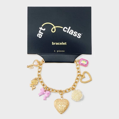 Girls' Bow And Heart Locket Charms Bracelet - Art Class™ Gold: Lobster Claw Clasp, Iron & Zinc, Chain Style 1 Girls' Bow And Heart Locket Charms Bracelet - Art Class™ Gold: Lobster Claw Clasp, Iron & Zinc, Chain Style