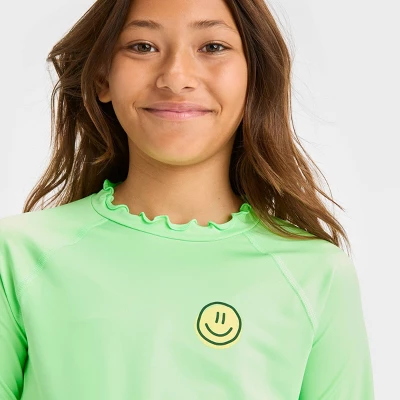 Girls' Smiley Face Rash Guard Swim Top - Art Class™ Green 1 Girls' Smiley Face Rash Guard Swim Top - Art Class™ Green