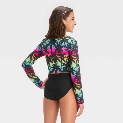 Girls' Tropical Ombre Design Rash Guard Swim Top - Art Class™ Black 2 Girls' Tropical Ombre Design Rash Guard Swim Top - Art Class™ Black - Image 2