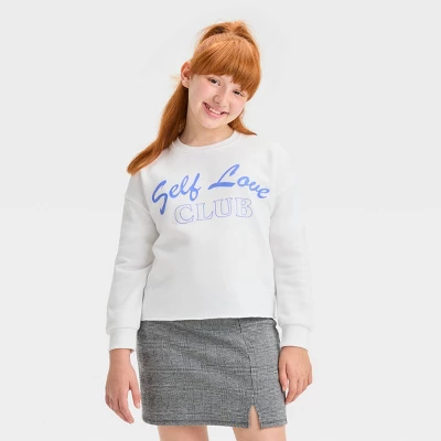 Girls' Cropped 'Self Love Club' Sweatshirt - Art Class™ White 3 Girls' Cropped 'Self Love Club' Sweatshirt - Art Class™ White - Image 3