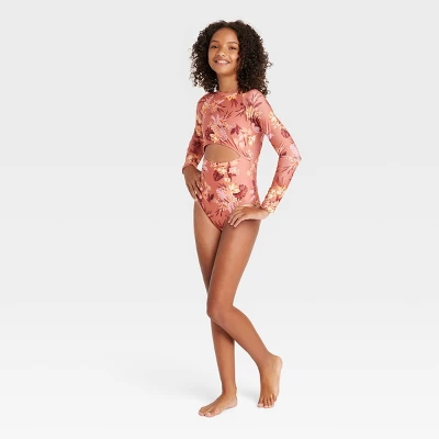 Girls' Island Floral One Piece Rash Guard - Art Class™ Brown 2 Girls' Island Floral One Piece Rash Guard - Art Class™ Brown - Image 2
