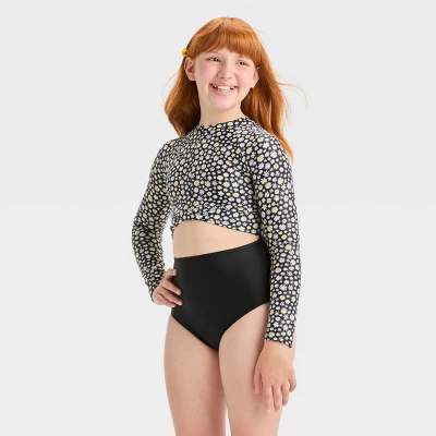 Girls' 'Dozens Of Daisies' Floral Printed One Piece Rash Guard Swimsuit - Art Class™ Black 3 Girls' 'Dozens Of Daisies' Floral Printed One Piece Rash Guard Swimsuit - Art Class™ Black - Image 3