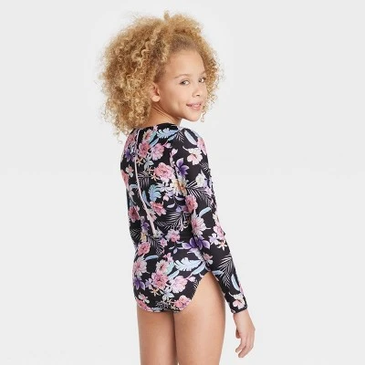 Girls' Floral Printed Tropical Daydream Swimsuit - Art Class™ Black 2 Girls' Floral Printed Tropical Daydream Swimsuit - Art Class™ Black - Image 2